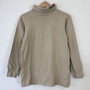Pleasures Streetwear Embroidered Logo Beige Turtle Neck Long Sleeve Tee Shirt